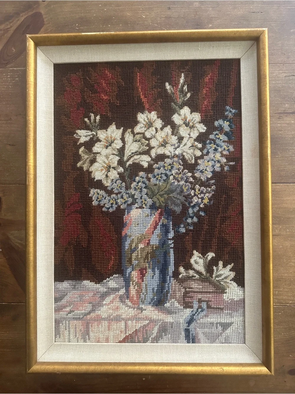 VINTAGE Framed Floral Needlepoint Art in Gold Frame- size 20-1/2” long x 15”wide
